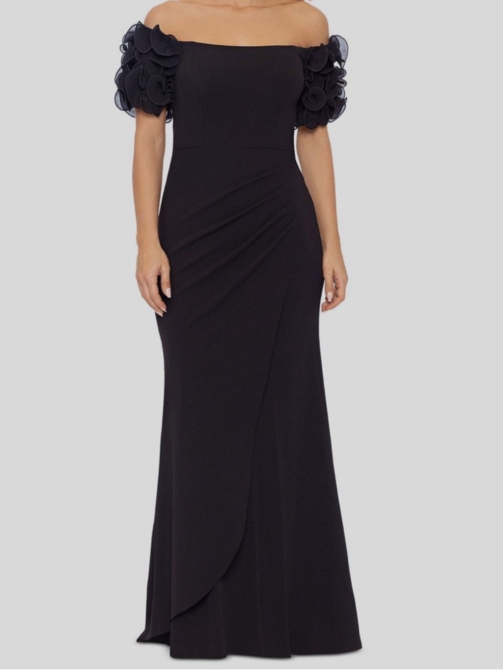Xscape Black Off-Shoulder Gown with Ruffled Short Sleeves. Wore once.